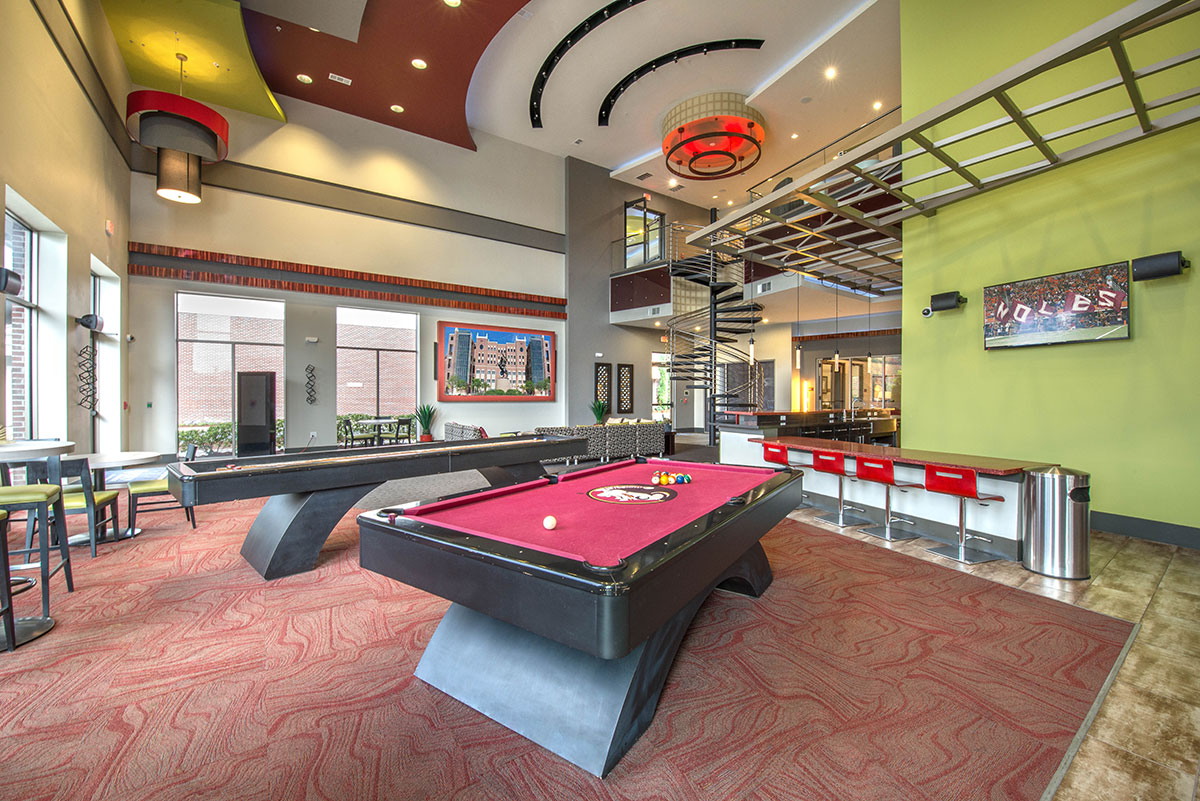 game room at forum at tallahassee's student apartments