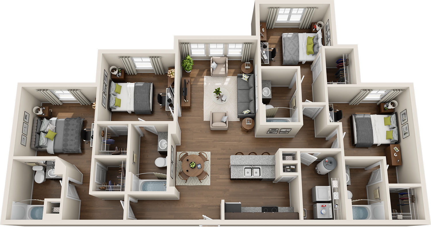 unit d3 example floor plan at forum at tallahassee student apartments